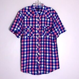 Gap classic fit checkered short sleeve button down shirt size large pink